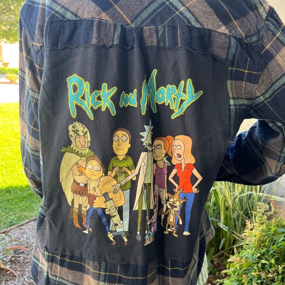 Rick and Morty Upcycled Flannel Shirt unisex Medium M